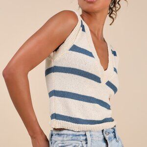 Lulus Prisha Cream And Blue Striped V-neck Sweater Tank Top White - Size S